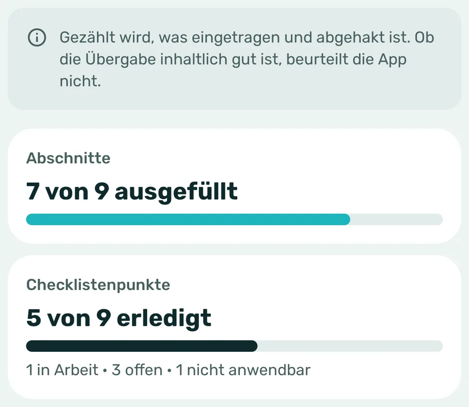 Bereitschaft im Detail: 7 von 9 Abschnitten ausgefüllt, 5 von 9 Checklistenpunkten erledigt, davon 1 in Arbeit, 3 offen, 1 nicht anwendbar.