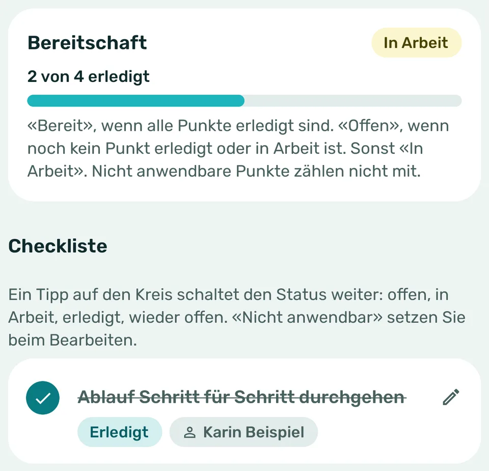 Prozess Monatsabschluss Einkauf: Bereitschaft «In Arbeit», 2 von 4 erledigt, darunter Checklistenpunkte mit Status und verantwortlicher Person.