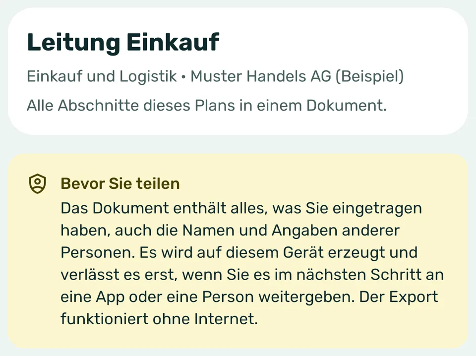 Exportseite für den Plan Leitung Einkauf mit dem Hinweis «Bevor Sie teilen»: Das Dokument enthält auch die Namen und Angaben anderer Personen.