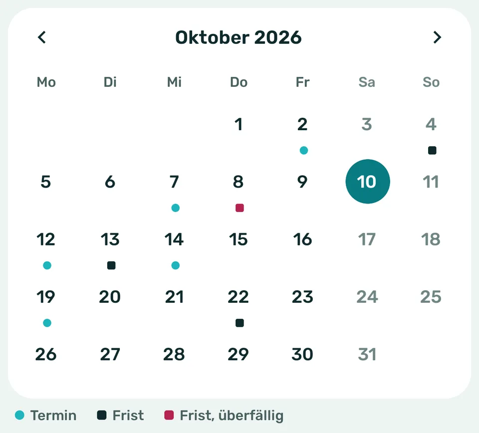 Monatskalender Oktober 2026 mit runden Punkten für Termine und eckigen Punkten für Fristen; eine überfällige Frist ist himbeerrot markiert.