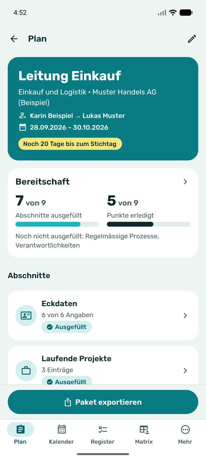 Übersicht eines Übergabeplans in der App: Rolle Leitung Einkauf, Zeitraum 28.09.2026 bis 30.10.2026, Bereitschaft mit 7 von 9 Abschnitten ausgefüllt und 5 von 9 Punkten erledigt, darunter die Abschnitte des Plans.